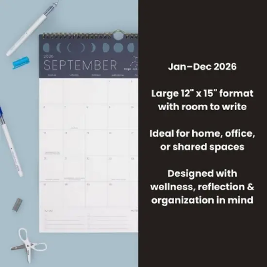 Yoobi Evolve 2026 12 Months Wall Calendar 12"x15" Monthly Navy Moon Phases image {1}