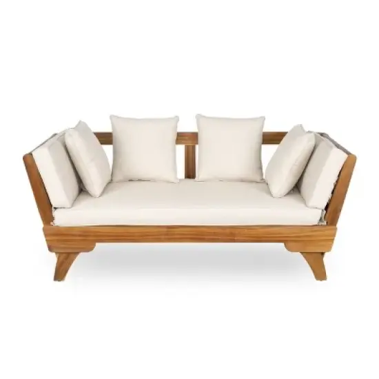 Outdoor 3-Seat Patio Daybed Sofa with Foldable Arms, Acacia Wood Frame and Removable Beige Cushions, Modern Lounge for Garden-Maison Boucle image {2}