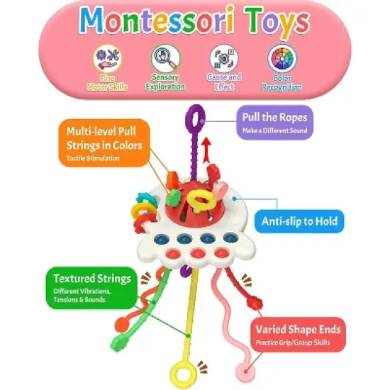 Baby Sensory Montessori Toys for 6-12-18 Months, Pull String Silicone Teething Toy, Toddler Birthday Gift Travel Toy for Infant image {1}