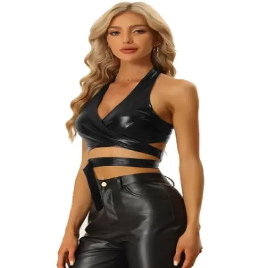 Allegra K Metallic Halter Neck Top for Women's Deep V Neck Backless Holographic Crop Tops image {7}