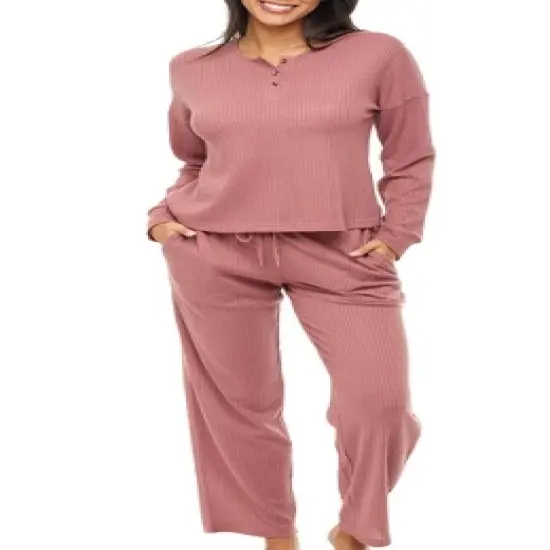Women's Soft Ribbed Waffle Rib Knit Henley Pajamas Lounge Set, Lounge Sleeve Top and Pants with Pockets, Drawstring image {8}