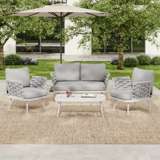 Christopher Knight Home Belle 4 Piece Modern Patio Metal and Rope Upholstered Seating Set with Coffee Table image {9}
