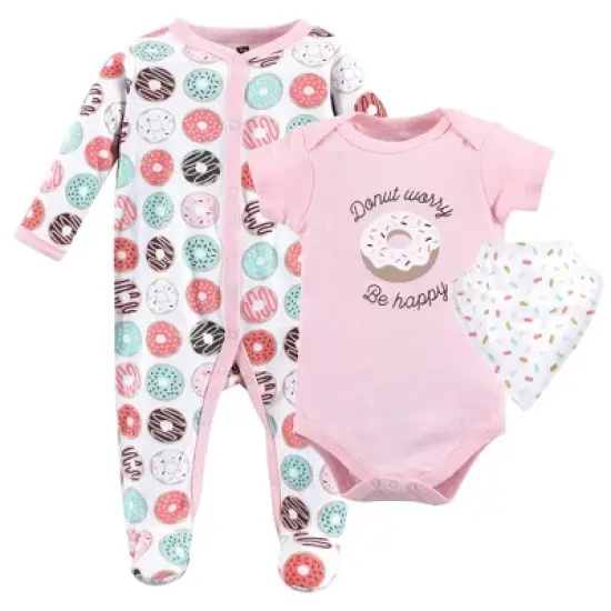 Hudson Baby Infant Girl Cotton Sleep and Play, Bodysuit and Bandana Bib Set, Donut Worry image {4}