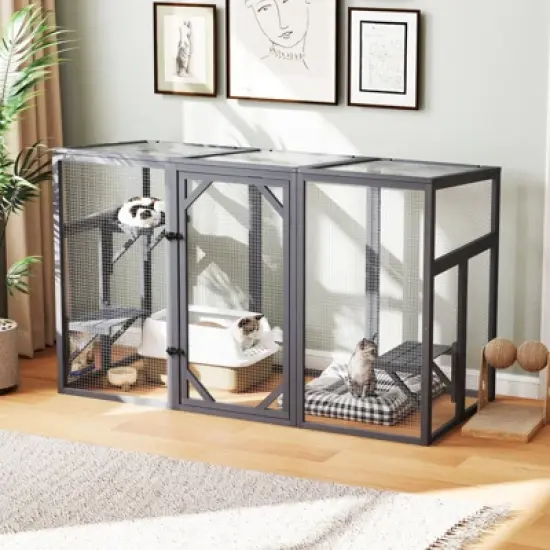 AZL1 Life Concept Pet Crates and Houses Outdoor Wood Cat Enclosure with 3 Platforms, Lockable Door, Sun Sheet Roof, Run, Gray, 70.87"*31.5"*44.3" image {1}