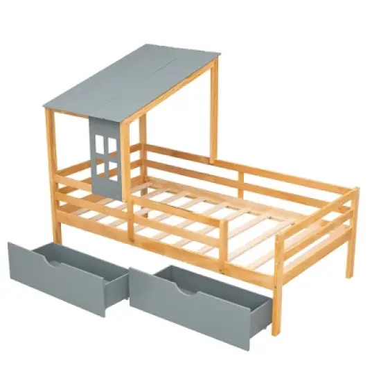 Twin Size House Low Loft Bed with Two Storage Drawers - ModernLuxe image {4}