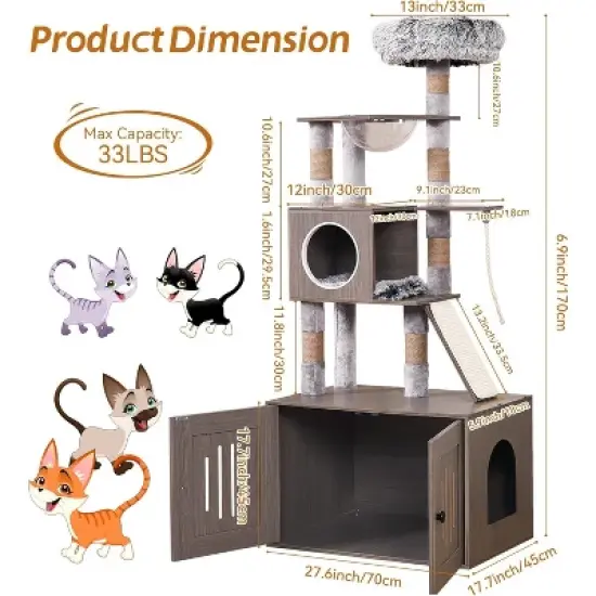 Cat Tree with Litter Box Enclosure, Hidden Litter Box Tree with Sisal Scratching Post and Soft Plush Perch image {6}
