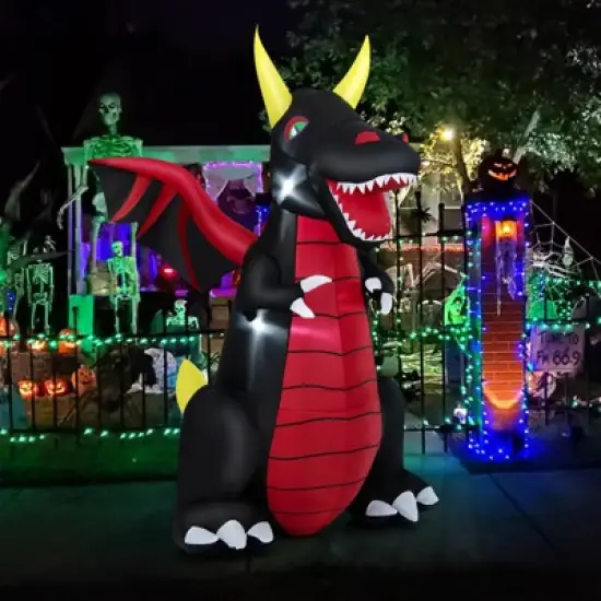 Tangkula 8 FT Tall Halloween Inflatable Dragon Indoor Outdoor Blow up Decoration w/Wing Tail, Bright Internal Lights Giant Animated Dragon image {6}