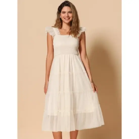INSPIRE CHIC Women's Summer Midi Sleeveless Smocked Square Neck Tiered Ruffled Wedding Guest Dress image {2}