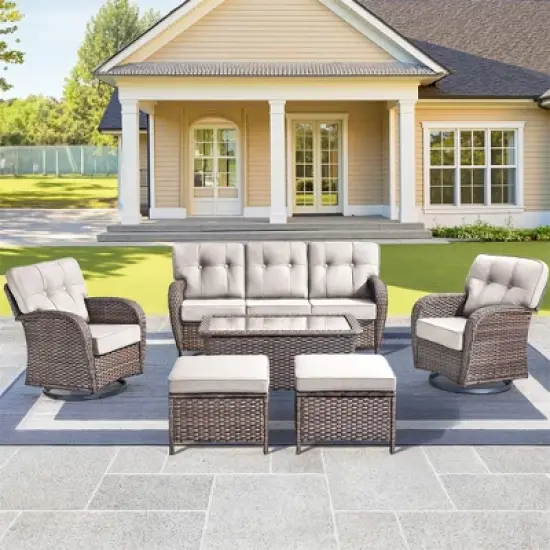 Gymojoy 6 Pieces Sofa Table Ottoman with Swivel Chairs image {11}