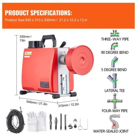 VEVOR 66FT x 5/8 Inch Drain Cleaner Machine, 250W Electric Sewer Snake Auger Manual Feed - with 7 Cutters, 2 Steel Cables, Red image {7}
