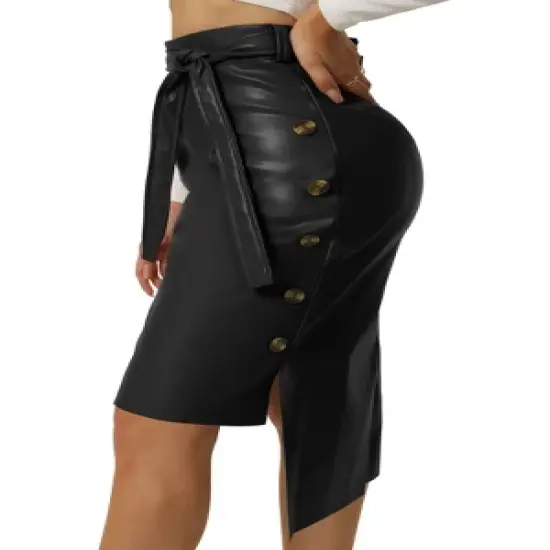 Seta T Womens' High Low Hem Belted High Waist Side Button Decor Leather Skirt image {7}