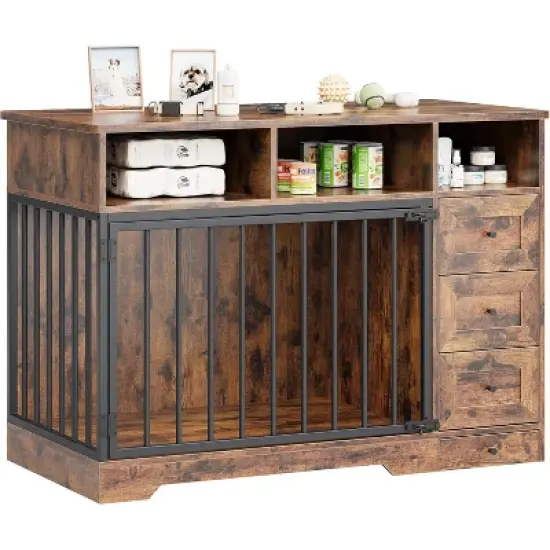 48'' Dog Crate Furniture, Heavy Duty Wooden Dog Kennel with Bowl & Storage Drawers, Indoor End Table for Small Medium Dogs image {7}