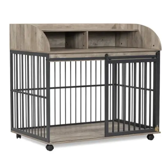 YOOCOZZ 44'' Heavy Duty Large Dog Crate, with Lockable Wheels, Wooden Dog Crate Dog Kennel, End Table Crate with Double layer storage-Gray image {3}
