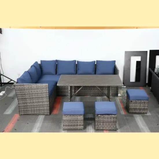 COWLOWN 7 Piece Blue Outdoor Patio Furniture Set, Brown Rattan with Dining Table, 3 Ottomans, Thickened Cushions for Backyard, Deck and Garden image {8}