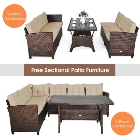 Costway 3PCS Rattan Dining Set Patio Furniture 6 Seats Sofa Cushioned image {5}