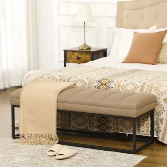 HOMCOM 47.25" End of Bed Bench with Channel Tufted Design, Upholstered Ottoman Bench with Steel Legs for Bedroom, Entryway, Brown image {1}