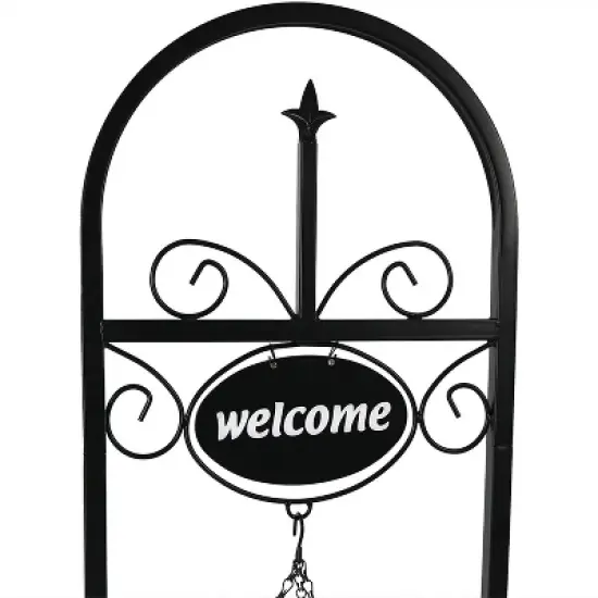 Sunnydaze Indoor/Outdoor Iron Construction Decorative Welcome Sign and Coco Grass Liner Hanging Basket Planter Stand - 48" H - Black image {3}