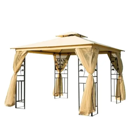 Resenkos Outdoor Garden Gazebo, Sunshade Gazebo Canopy,10' x 10' Double Roof Outdoor Gazebo Canopy Shelter with Netting,Beige image {12}