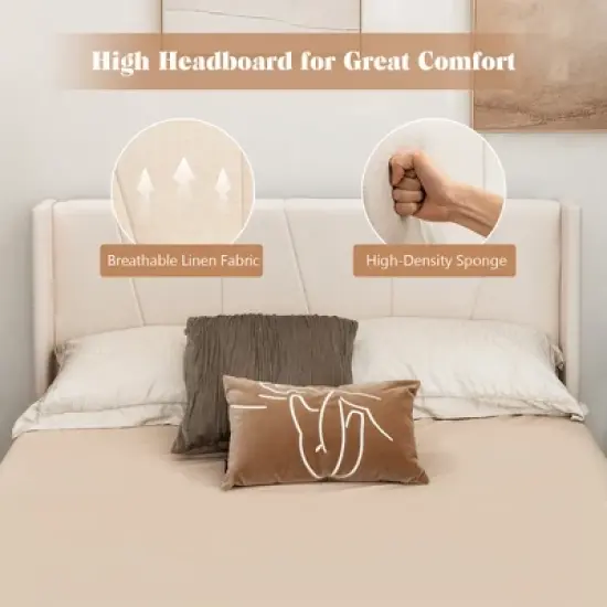 Costway Full/Queen Size Upholstered Bed Frame with Elastic Pockets Mattress Foundation Beige image {7}