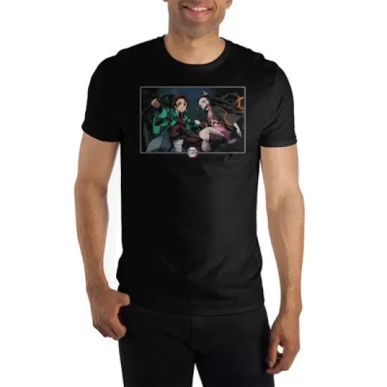 Demon Slayer Nezuko & Tanjiro Screenshot Crew Neck Short Sleeve Black T-shirt image {4}