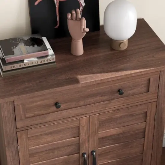 Rustic Adjustable 31.5" Storage Cabinet, Waterproof 3-Tier Organizer with Slatted Doors and Drawers for Home, Kitchen, Dining Room, Entryway image {5}