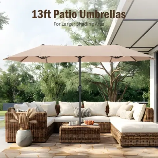 Captiva Designs 8pc Outdoor Rectangle Steel Dining Table & Stackable Metal Chairs & Beige Umbrella image {11}