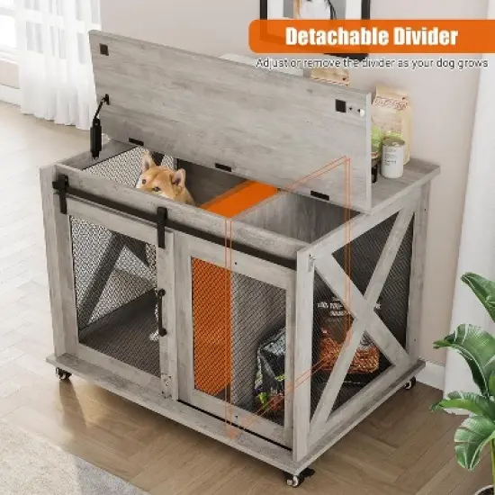 37 Inch Dog Crate Furniture, Indoor Dog Cage with Sliding Barn Door, Flip Top Dog Kennel End Table with Removable Divider image {4}