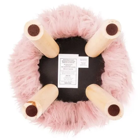 BirdRock Home Faux Fur Foot Stool Ottoman with Wood Legs - Pink image {2}