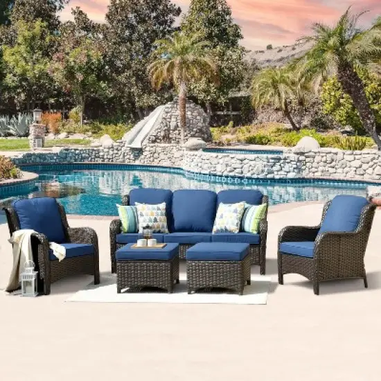 XIZZI Outdoor Patio Furniture Conversation Set 5 Pieces All Weather Wicker High Back Couch with Ottomans Gray Wicker image {8}