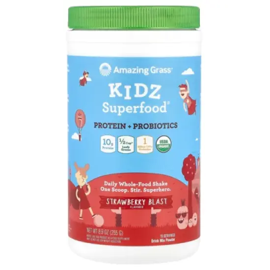 Amazing Grass Kidz Superfood&reg;, Protein + Probiotics, Strawberry Blast, 8.9 oz (255 g) image {4}