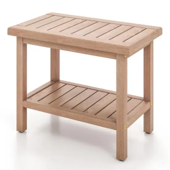 Costway 21'' Teak Wood Shower Bench 2-Tier Waterproof Bath Spa Stool with Storage Shelf image {9}