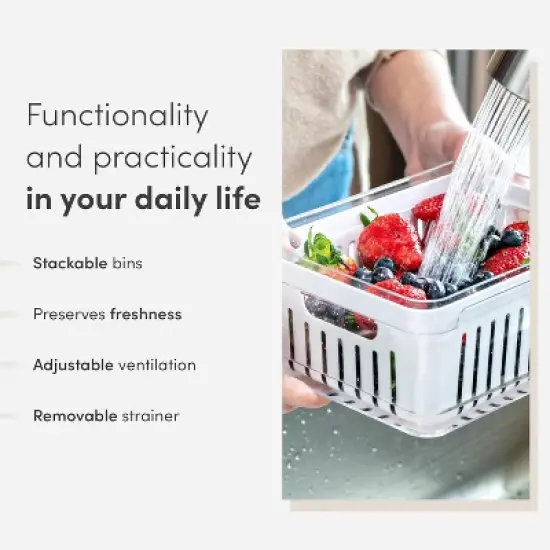 OU Fridge Organizer Bin with Drain Basket & Vented Lid, Clear Stackable Refrigerator Storage Container, Produce Kitchen Storage Bin, BPA Free, 4 Pack image {4}