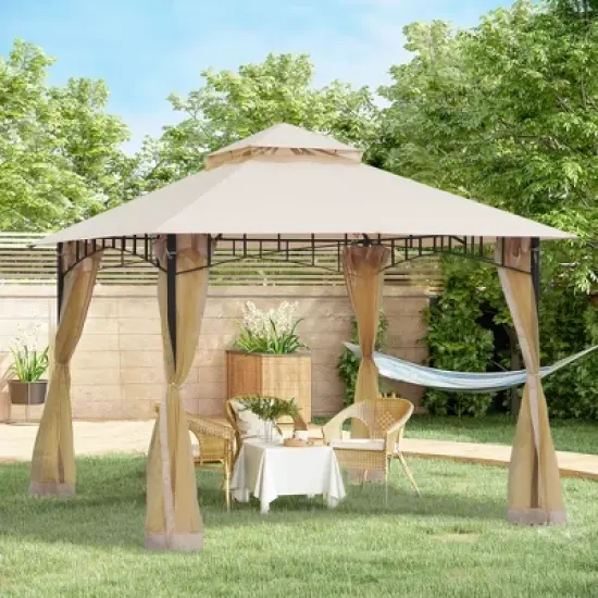 Outsunny 116.25" x 116.25" Outdoor Patio Gazebo Canopy Tent with Mesh Sidewalls, 2-Tier Canopy for Backyard, Beige image {2}