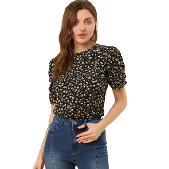 Allegra K Women's Floral Crew Neck Summer Casual Shirred Short Sleeve Blouse image {6}