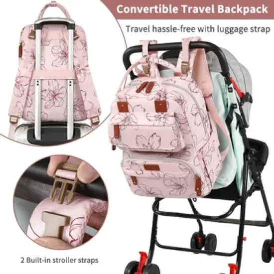 Itopfox Pink Floral Diaper Backpack for Girls, Large Waterproof Baby Bag with Insulated Pockets, Stroller Straps, Travel Holiday image {5}
