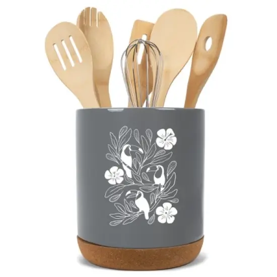 Elanze Designs 8 inch Floral Toucan Large Ceramic Kitchen Utensil Holder Gray and White Crock with Cork Base image {5}