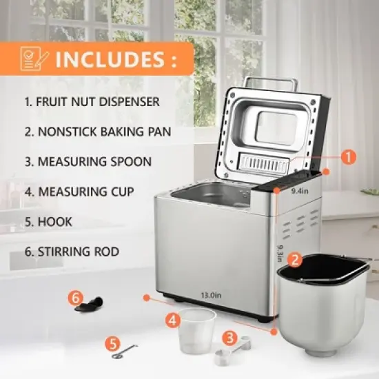 Simzlife Bread Maker, 2 Lbs Dough & Bread Maker Machine with Auto Fruit and Nut Dispenser, Fit for 3 Loaf Sizes & 3 Crust Colors image {5}