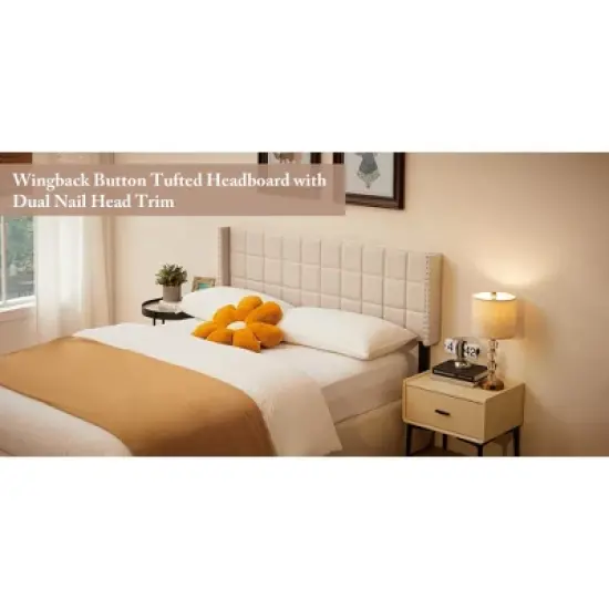 Linen Upholstered Headboard, Tufted Nailhead & Double Wingback, 6 Adjustable Position image {9}
