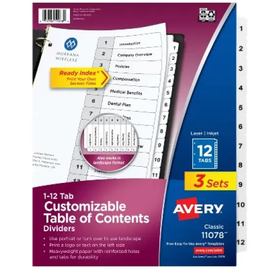 Avery Dividers for 3 Ring Binders, 12 Tabs per Set, Customizable Table of Contents, Classic White Tabs (3 Sets of 11078) image {8}