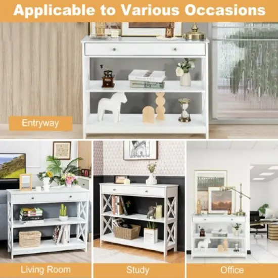 Costway 3-Tier Console Table X-Design Sofa Entryway Table with Drawer & Shelves Gray\ Espresso image {5}