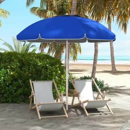 DOMETOUR Outsunny 5.7' Beach Umbrella, Tilt, Adjustable Height, Cup Holders, Hooks, UV 40+ Ruffled Canopy, Vented, Blue image {1}