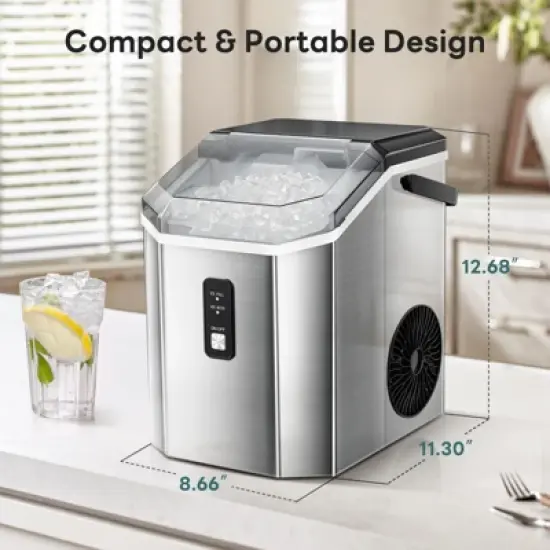 R.W.FLAME Nugget Ice Maker Countertop, Portable Ice Maker Machine with Handle, Self-Cleaning, with Ice Scoop and Basket, Stainless Steel Silver image {2}