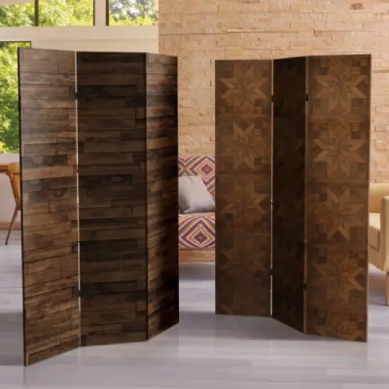 6" Double Sided Walnut Wood Pattern Canvas Room Divider Brown - Oriental Furniture image {6}