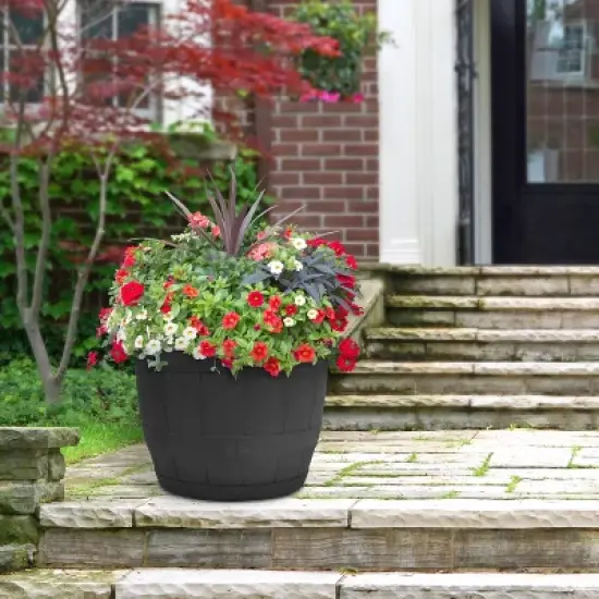 Tierra Verde 2pc Whiskey Barrel Indoor Outdoor Self-Watering Planter Pots Black 23"x15" image {3}