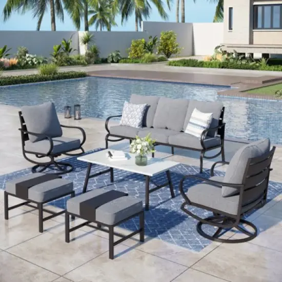 Captiva Designs 6pc Metal Patio Furniture Conversation Set with Swivel Chairs and Ottomans for Garden Porch Backyard image {11}