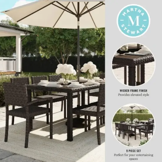 Martha Stewart Bedford 9-Piece Indoor-Outdoor Dining Set with 8 Stackable Dining Chairs and 71" Patio Table with Engineered Wood Top in Rattan Wicker image {3}