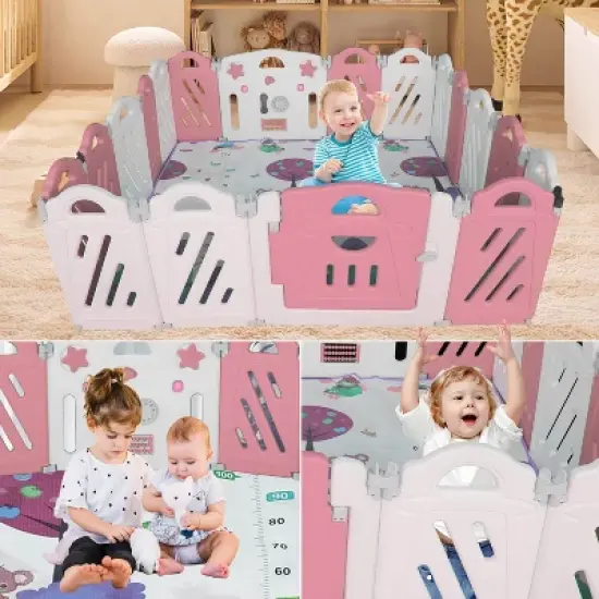 ORRD 16+2 Panel Baby Playpen - Foldable Playard with Safety Gate, Adjustable Shape for Kids (Pink+White) image {1}