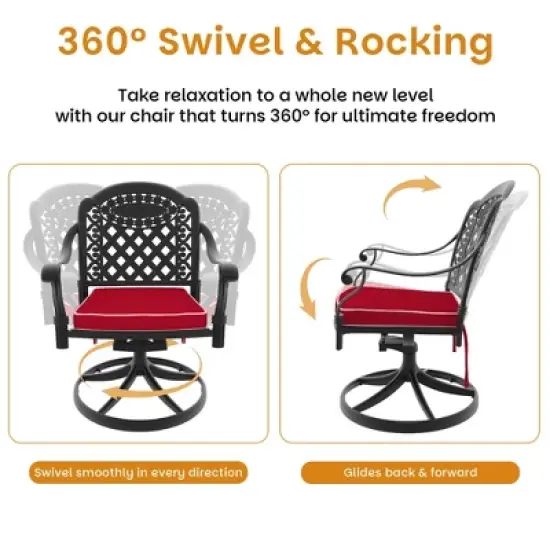 5-Piece Outdoor Dining Set, Cast Aluminum Rectangle Table with Swivel Chairs, Red Cushions, Umbrella Hole image {9}