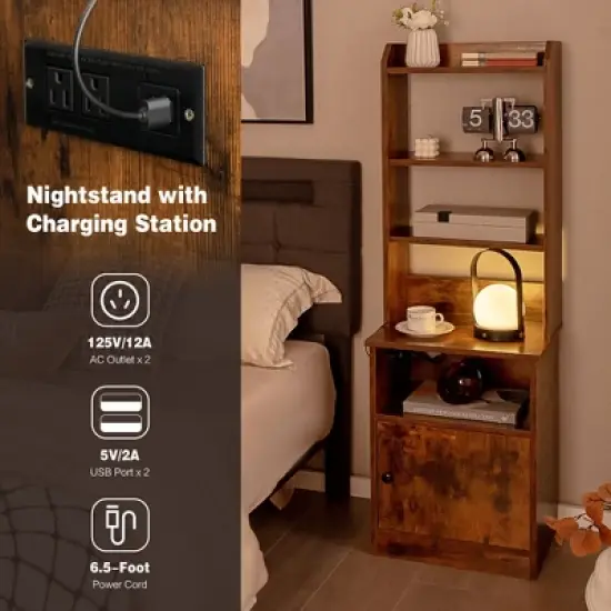 Tangkula Nightstand Bedside End Side Table Bookshelf w/ Charging Station image {6}