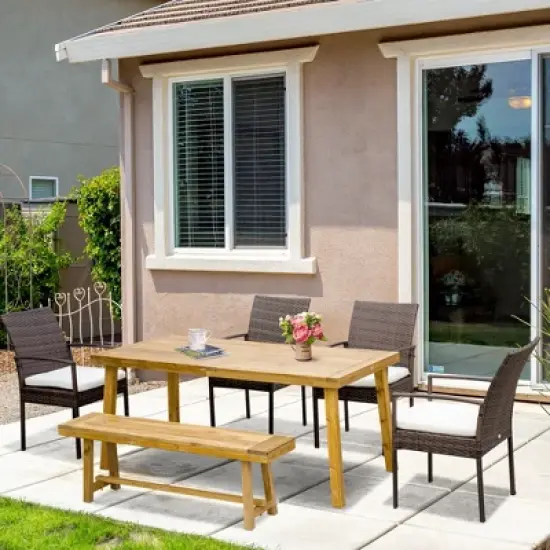 Outsunny Outdoor Dining Set for 6, Patio Dining Furniture Set with PE Wicker Chairs, Armrests, Wood Loveseat Bench & Dinner Table, Cushions, White image {1}